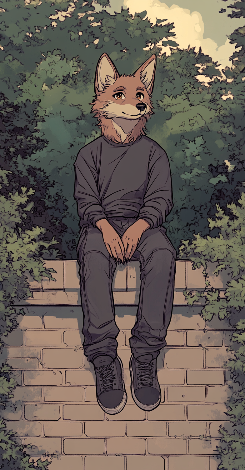 Cartoon wolf furry sitting brick wall