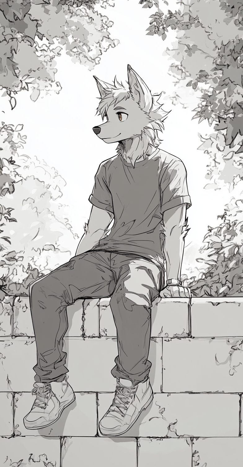 Cartoon Wolf Furry Sitting Brick Wall