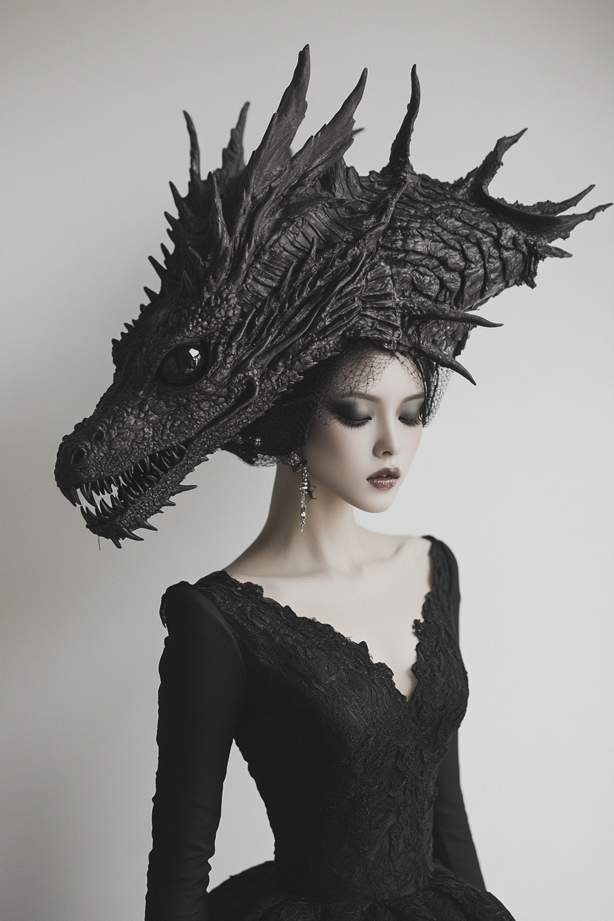 woman black dress dragon skull