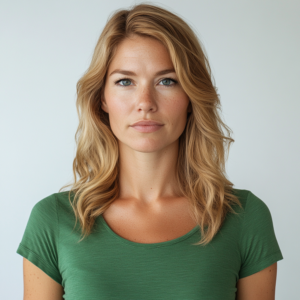 Woman Blonde Hair Green Shirt Stressed