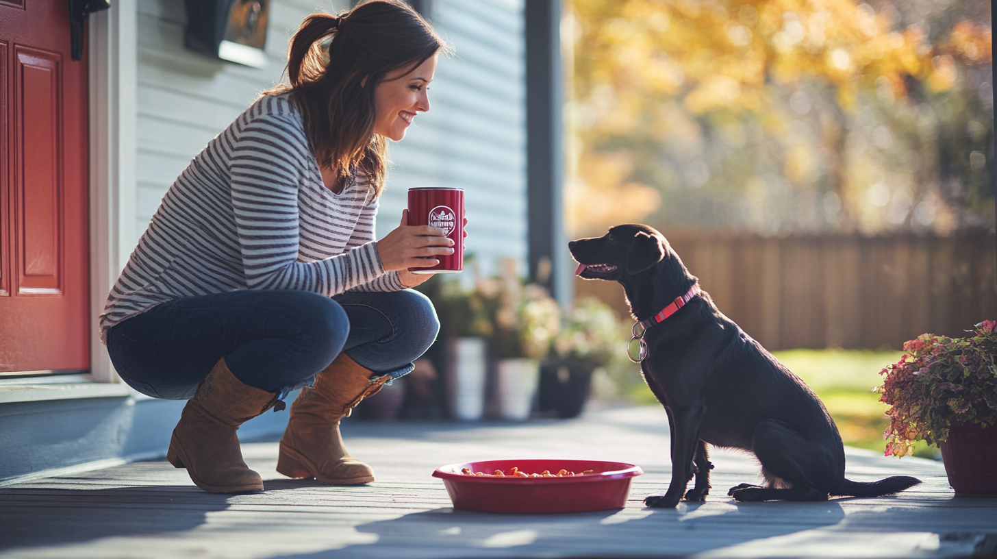 Woman with her dog on porch