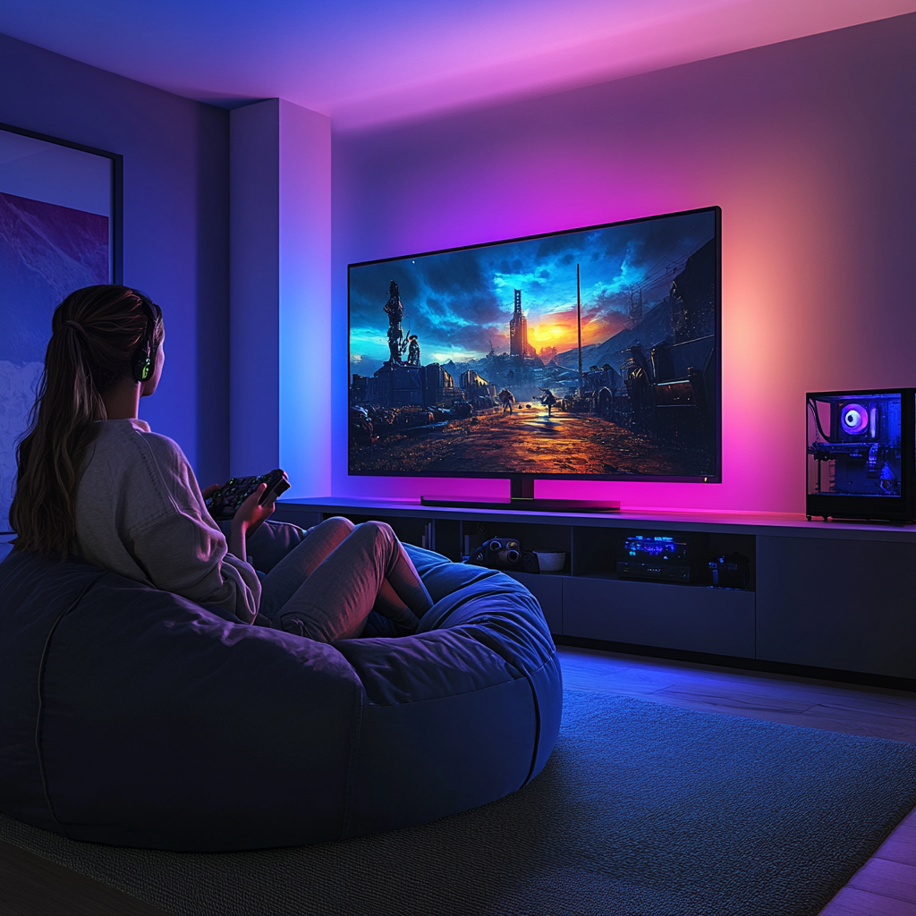 woman enjoying video game on bean bag chair.