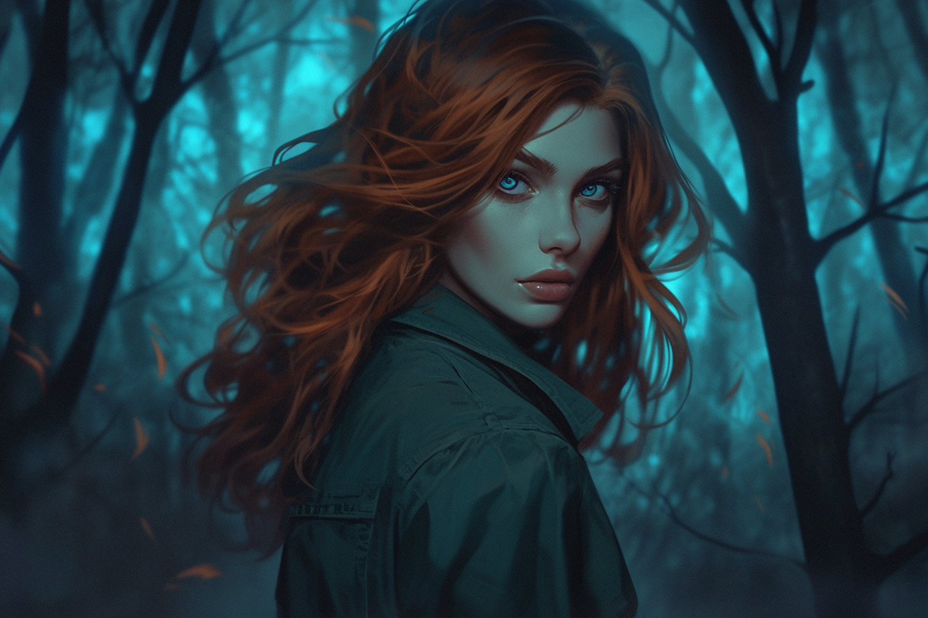 Woman in green jacket in dark woods