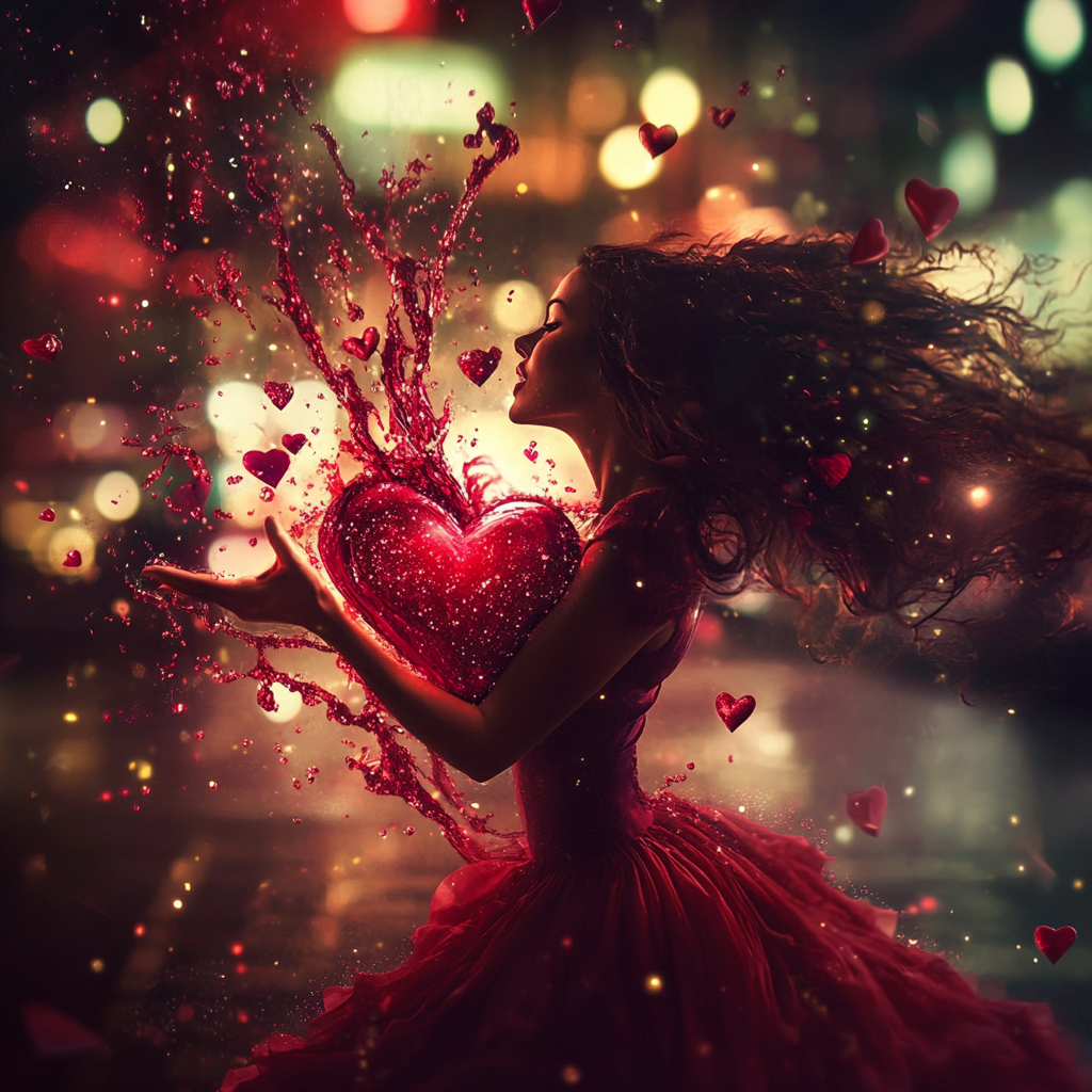 woman heart out red pink sparkles liquids hearts mystical themed urban city Los Angeles Santa Monica