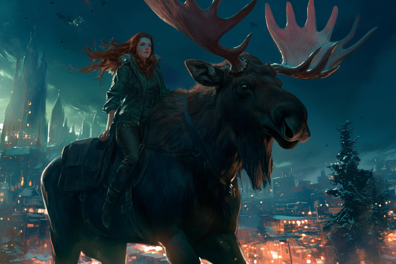 Woman on monstrous moose in storm