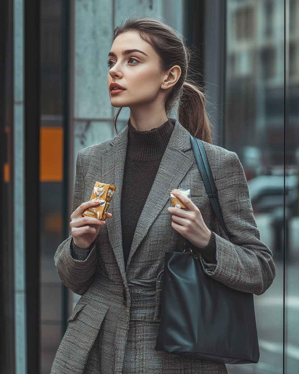 Woman holding energy bar profile