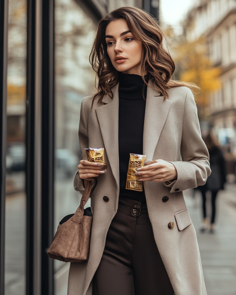 Woman holding energy bar in professional outfit