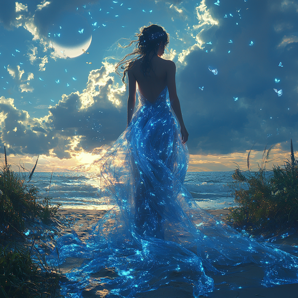 Woman in holographic blue gown praying