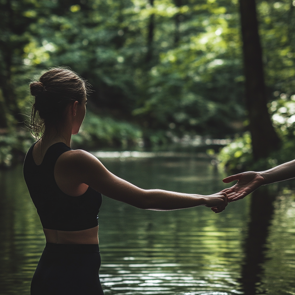 woman accepting relay baton nature