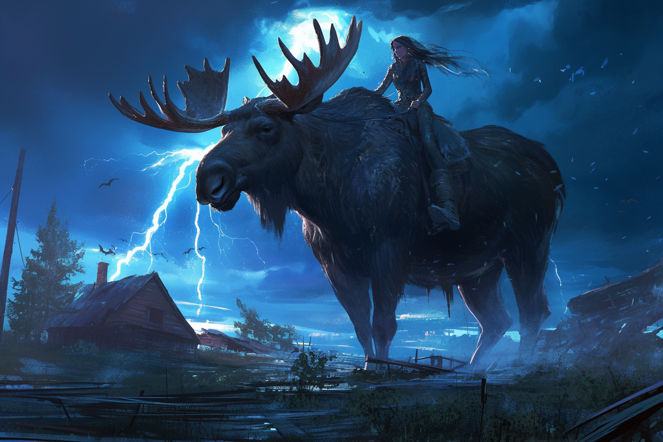 Woman on Moose with Tornado