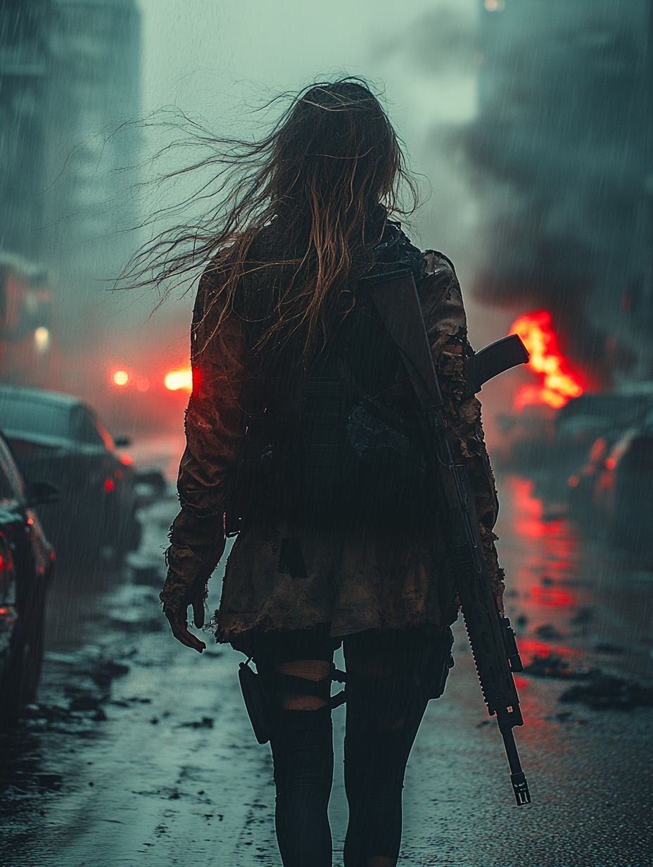 Woman with rifle in abandoned city