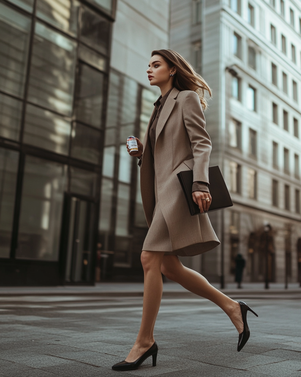 Woman rushing to office holding energy bar