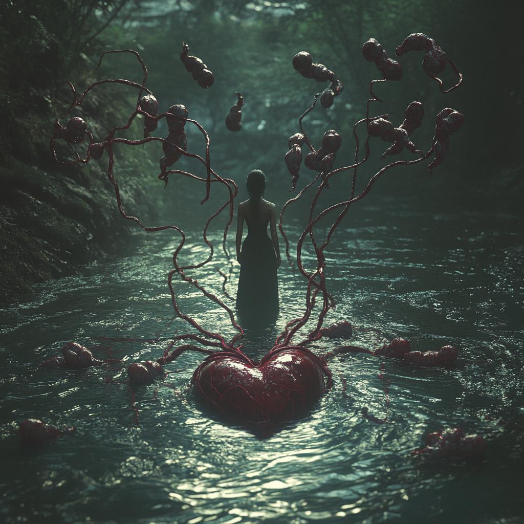 woman stands in river with heart tendrils and fetuses