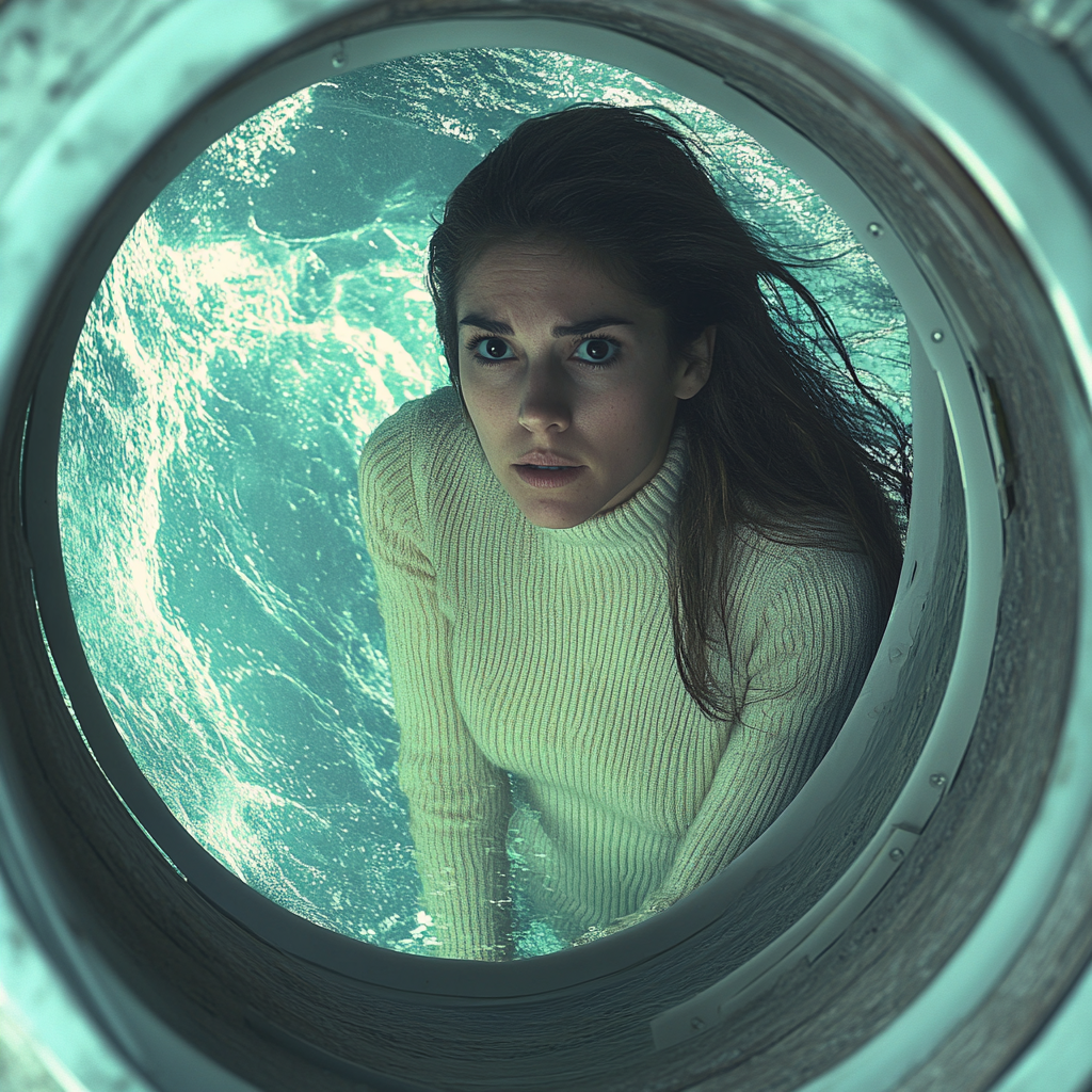 woman swimming upward from submarine escape hatch in ocean.