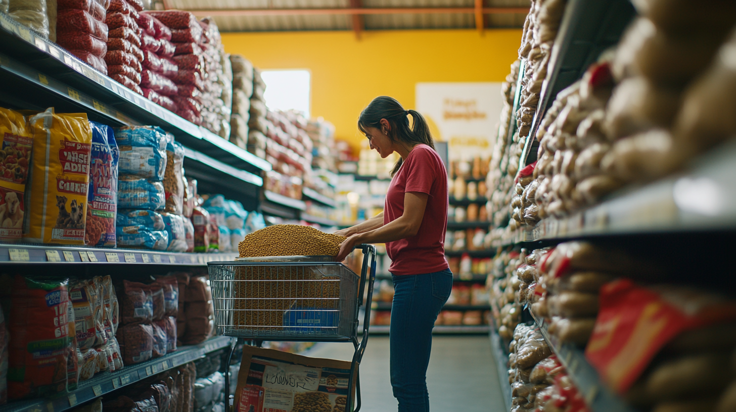 Woman in pet aisle buying dog food