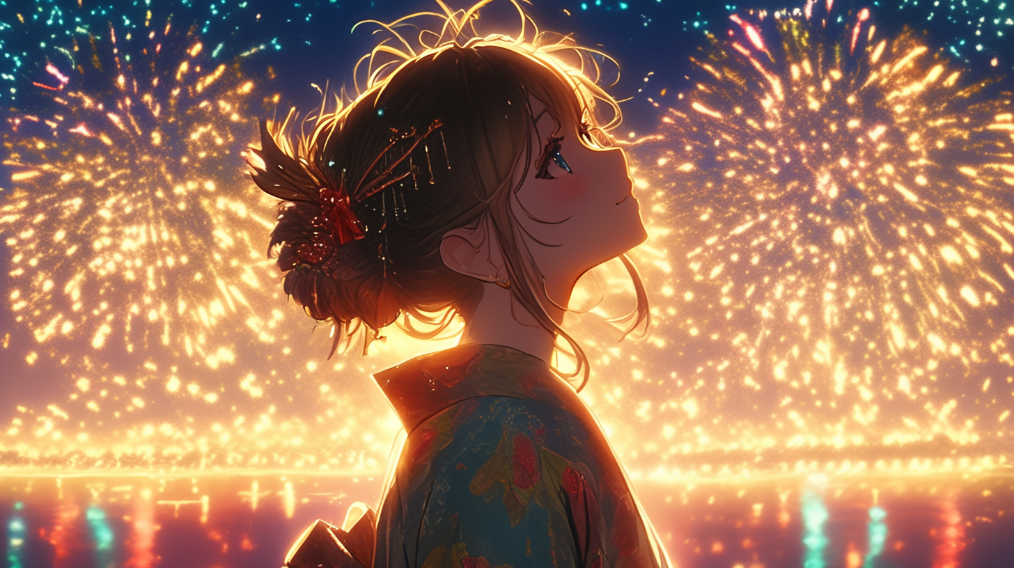 Woman in Japanese Yukata Fireworks