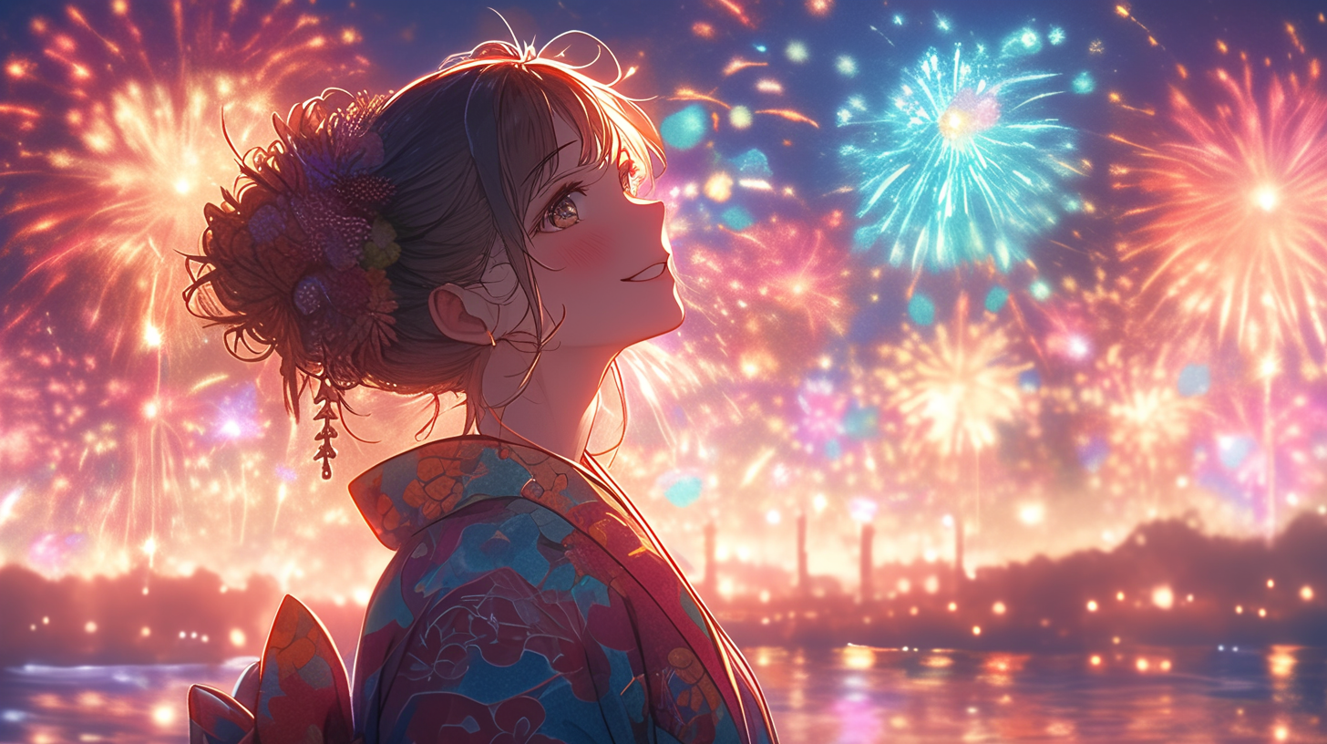 Japanese Woman in Yukata at Fireworks