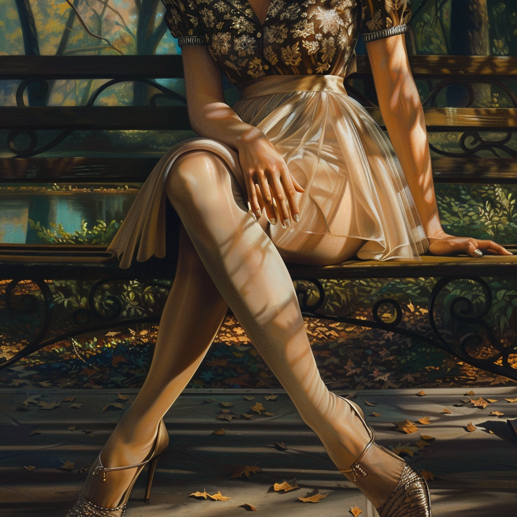 woman wearing beige sheer tights sitting on park bench