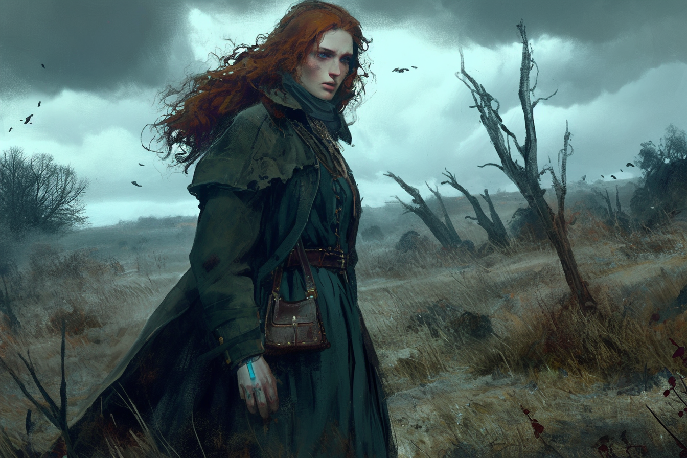 Woman in Green Coat Thunderstorm Art