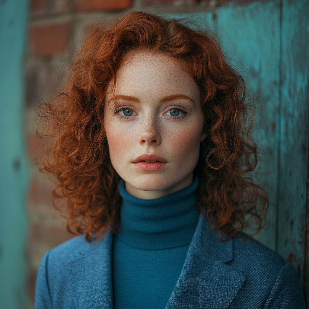 Woman blue jacket turtleneck urban setting