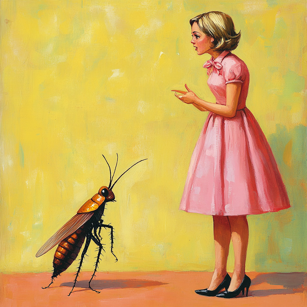 Woman talking to cockroach pink dress