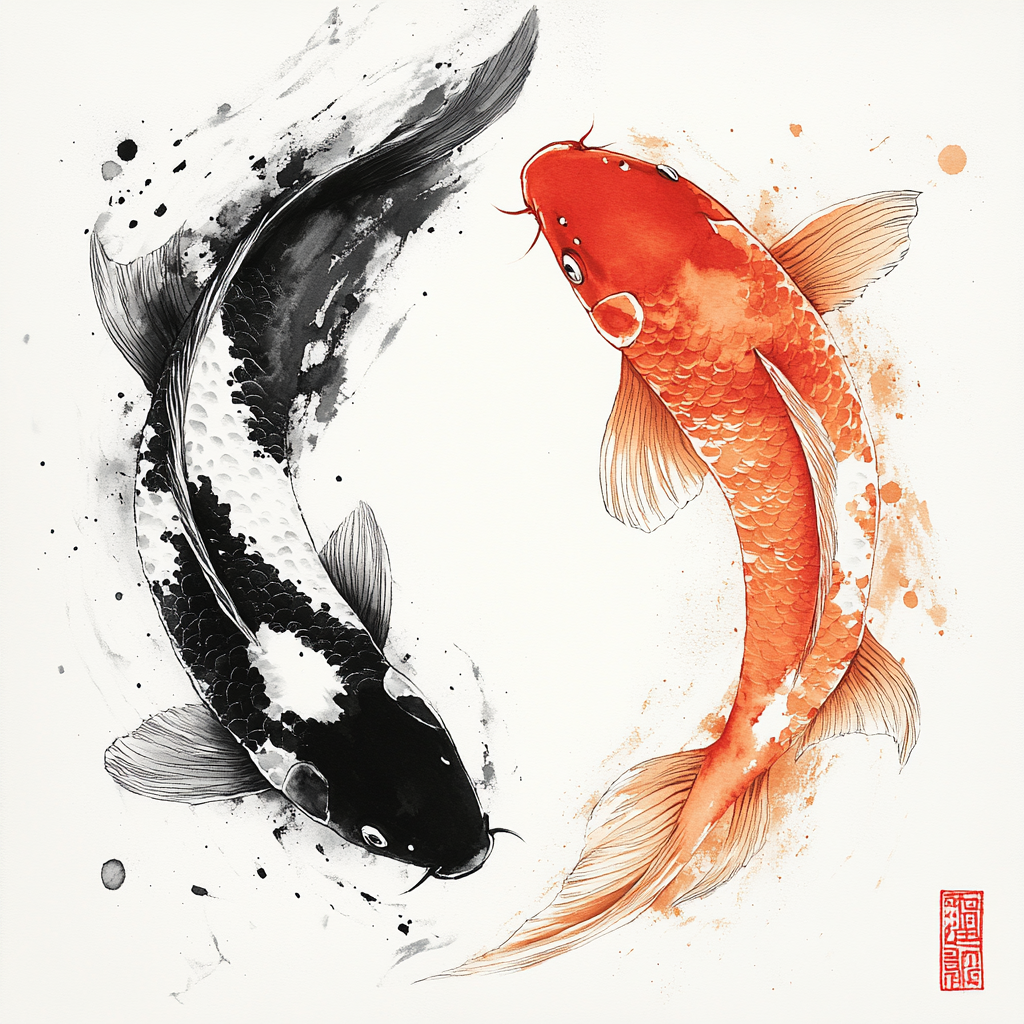 Japanese ink brush strokes koi