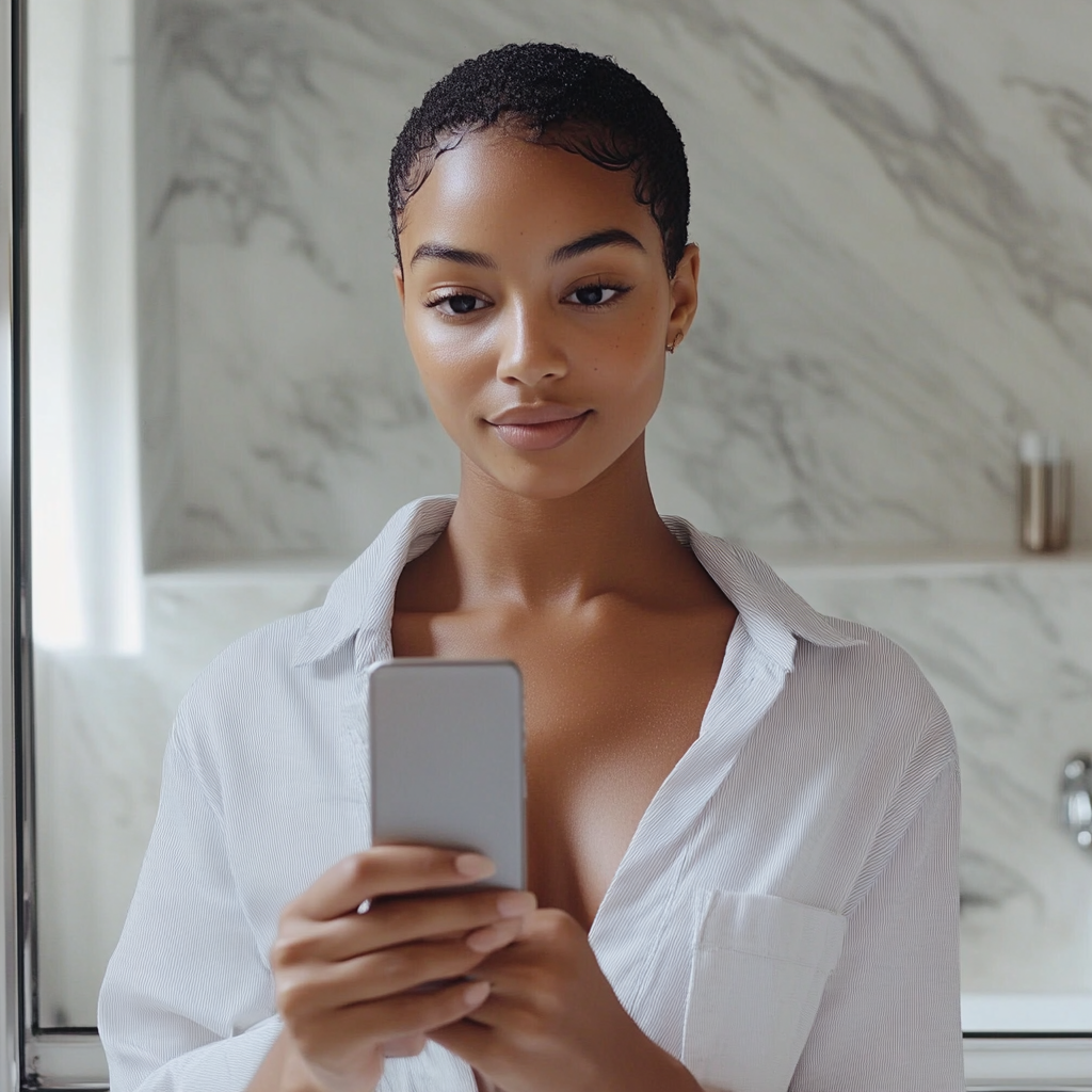 Beautiful young woman bathroom selfie