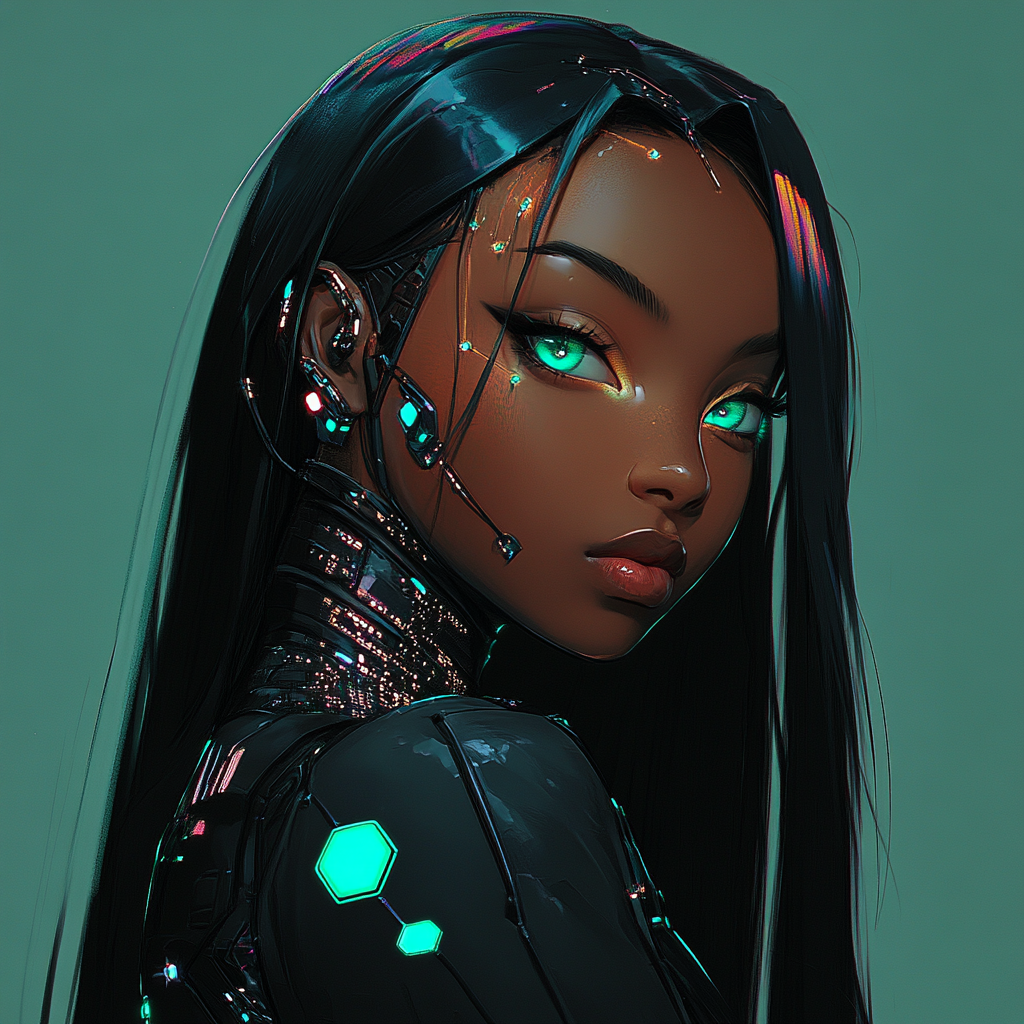 Cyberpunk-themed young black woman anime