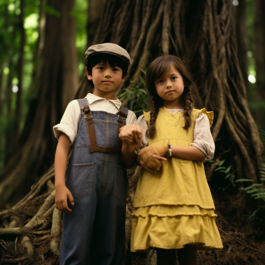 Young kids in mysterious forest