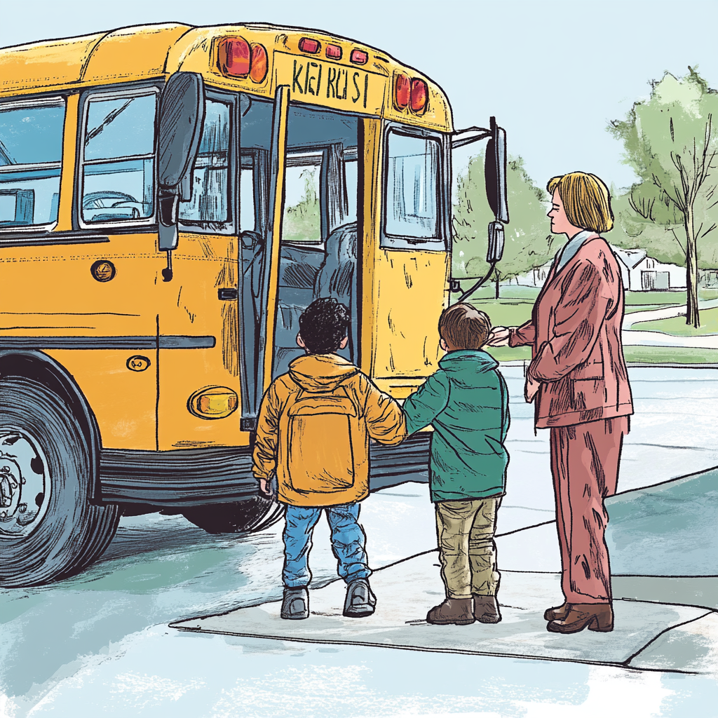 young boy getting off bus with older teacher help