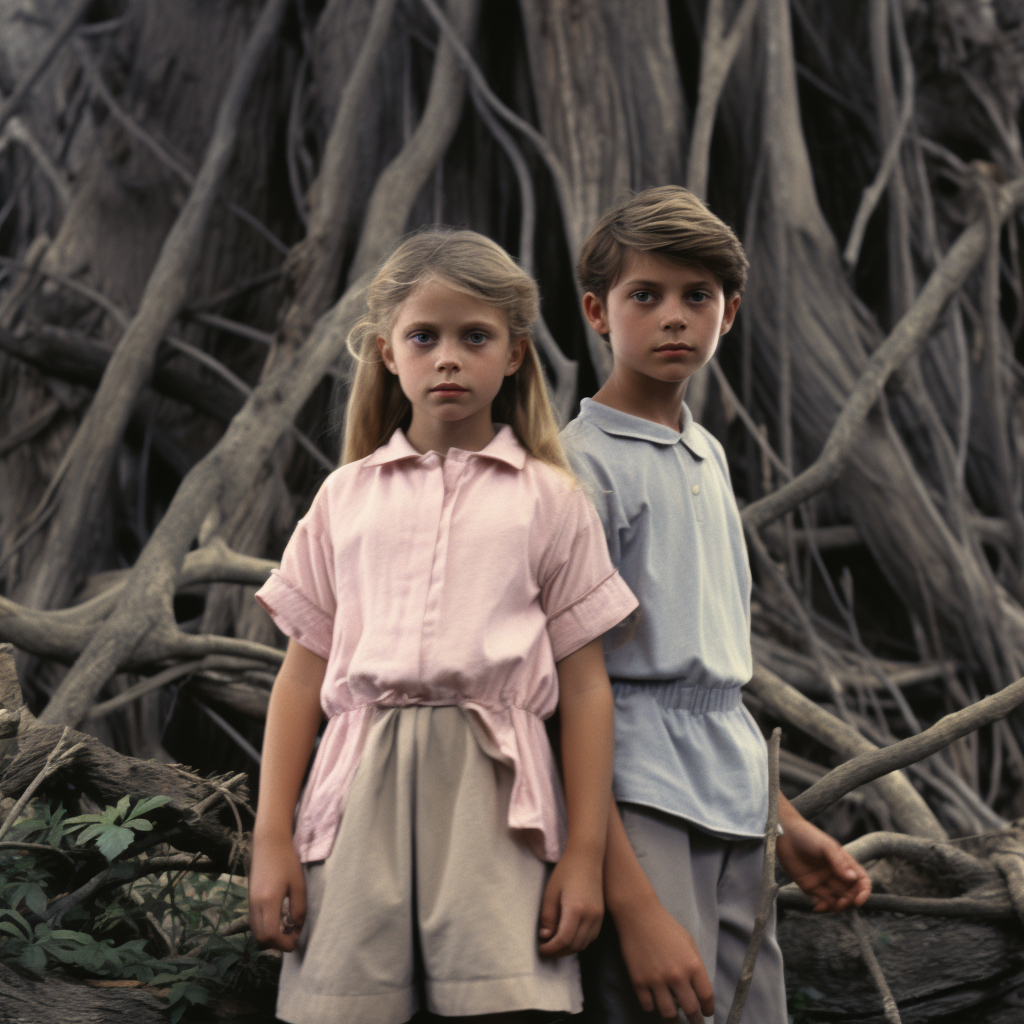 Young boy and girl forest scene