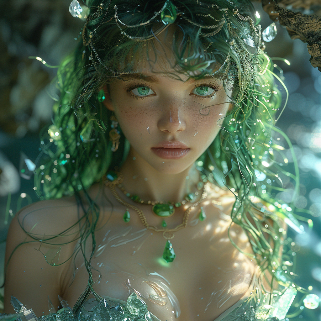 Beautiful young goddess with green crystals