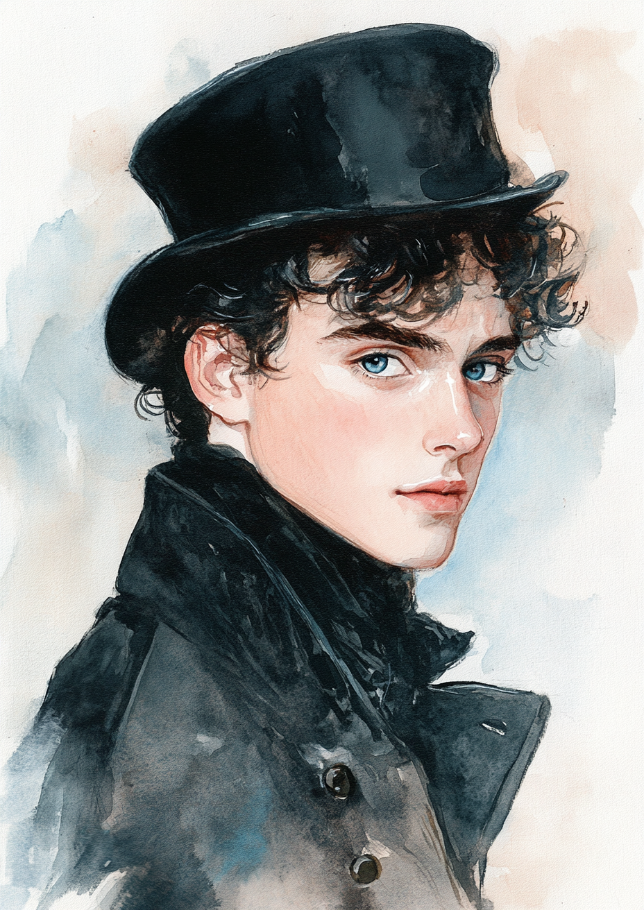 Young man curly hair top hat