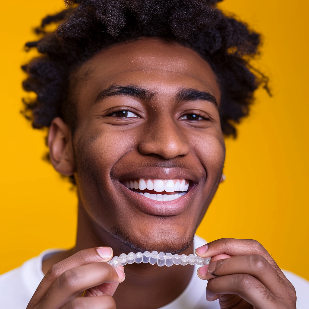 Young man holding dental aligner