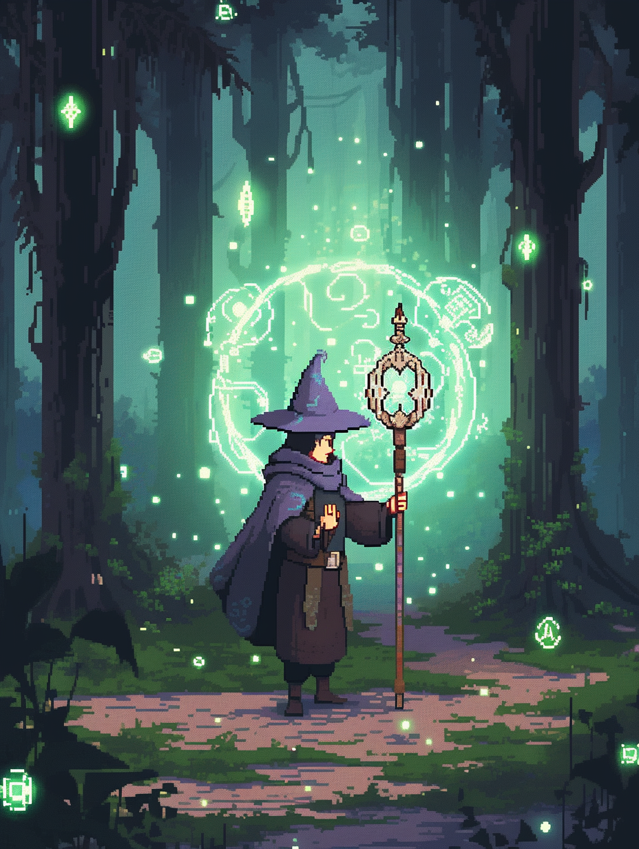 young wizard cryptocurrency forest scene