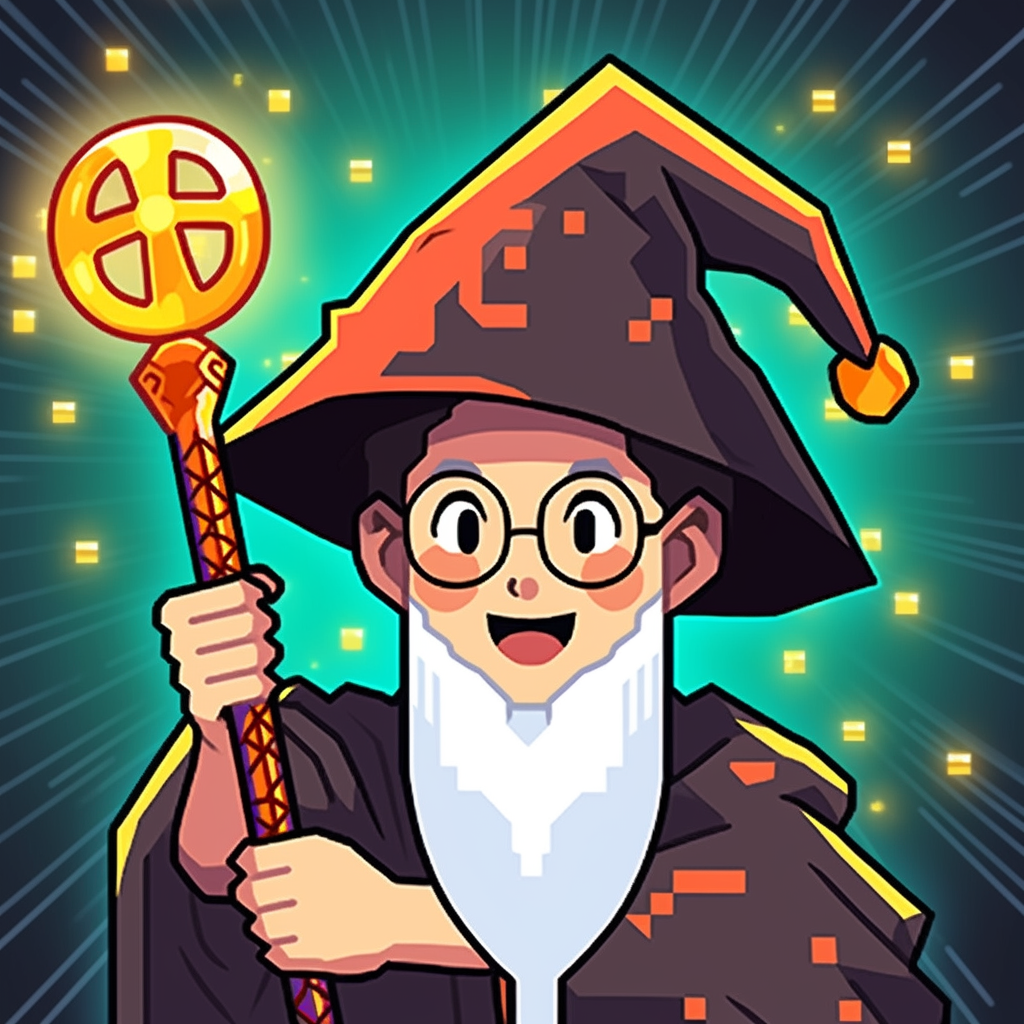 Young wizard holding magic wand Bitcoin icon