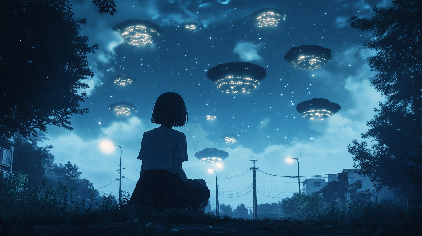 young woman park night sky spaceship anime-style gloomy