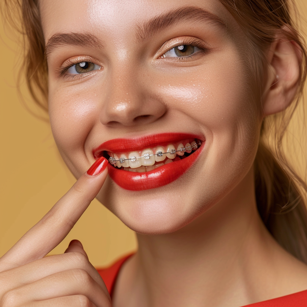 Woman pointing at clear braces