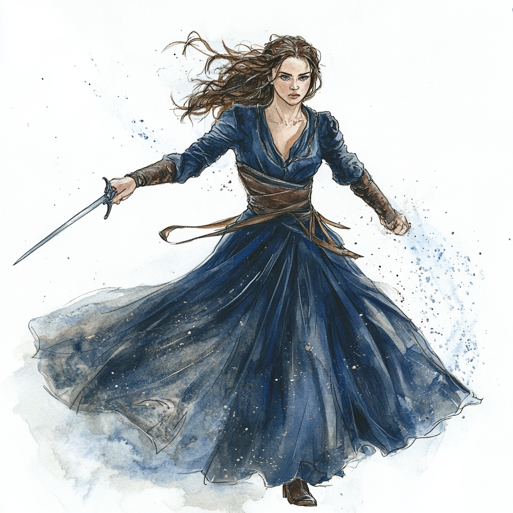 Girl in navy blue dress with rapier