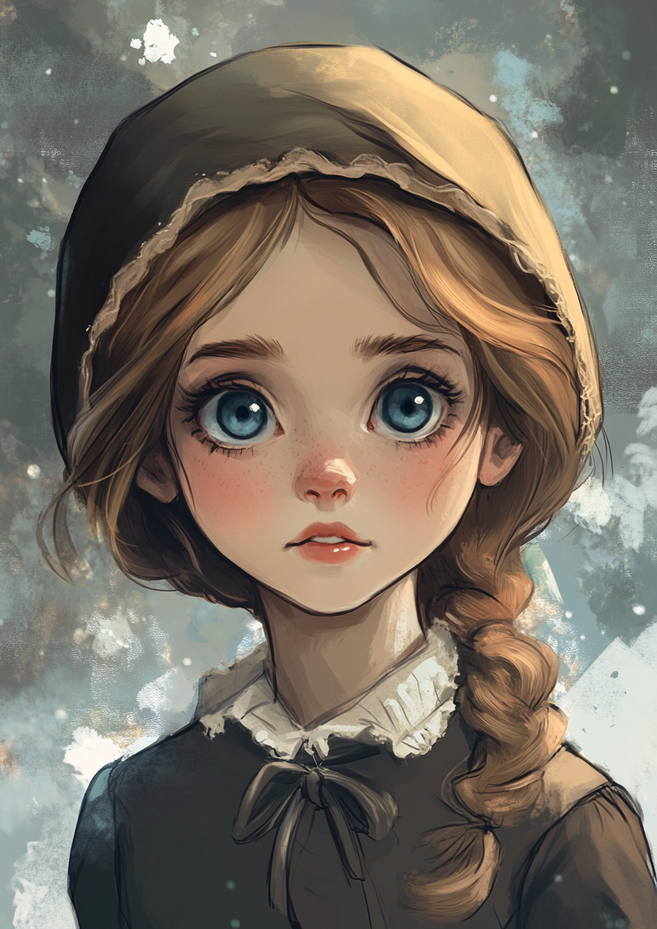 Cartoon sketch young girl Victorian Christmas