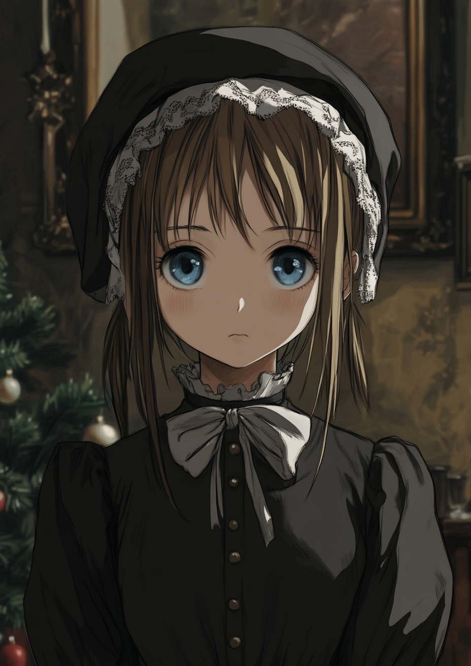 Young girl in Victorian Christmas scene