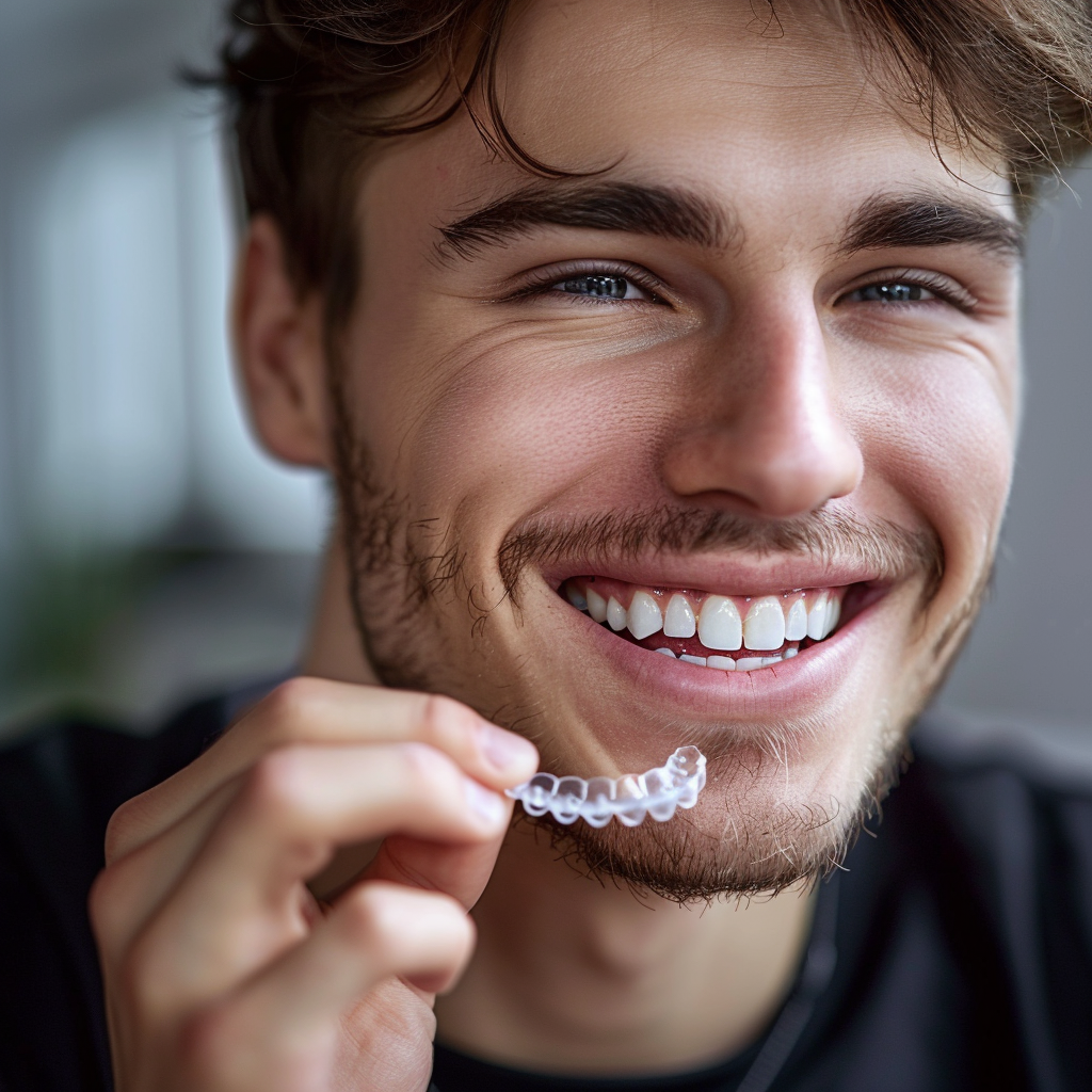 Man holding clear aligner smiling