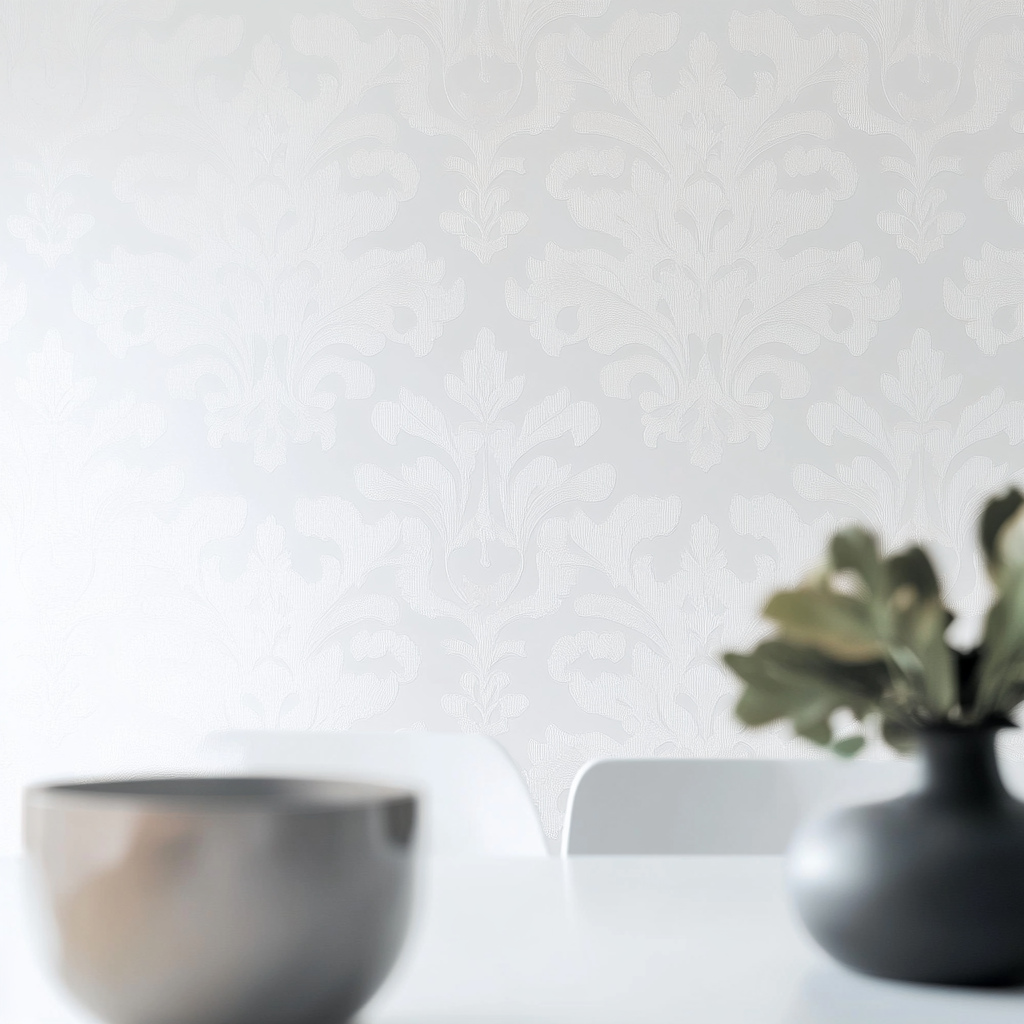 zoomed-in view of white dining room wall with wallpaper.